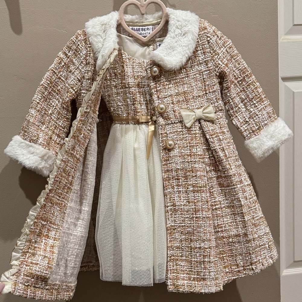 Tweed Coat and Dress with Faux Fur Collar